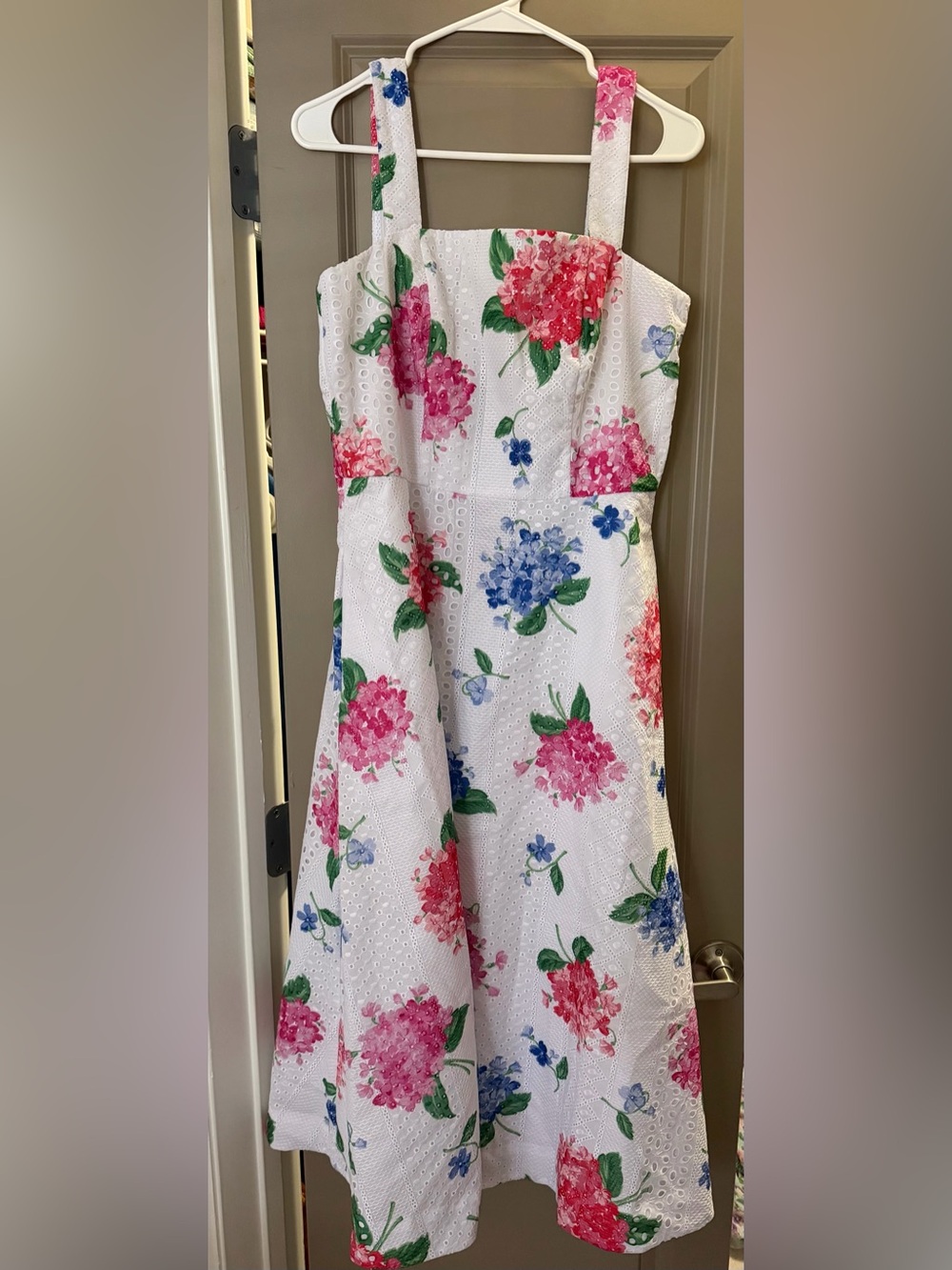 Draper James White Eyelet Dress with Pink & Blue Floral Print